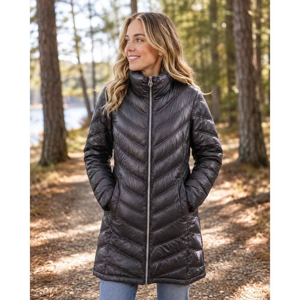 Calvin Klein Packable Down Puffer Coat Black Long Jacket Womens Small Zip Small